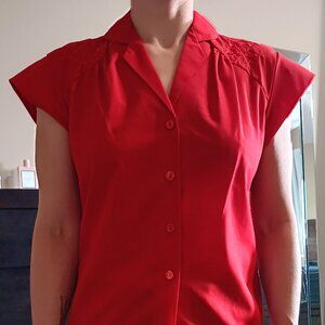 Vintage Dominique Cherry Red Embroidered Floral Blouse 1980s Cap Sleeve Top